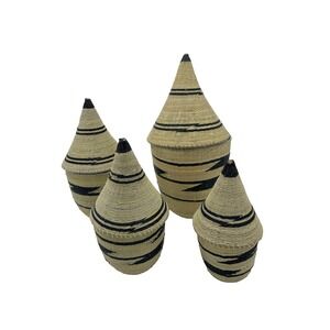 Set of 4 Tutsi Rwanda African Art Nesting Baskets Beige and Black  6" to 10"